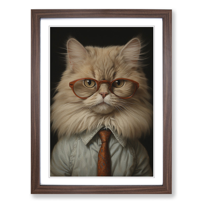 Persian Cat With Glasses - Single Picture Frame Print on Wood, Walnut, 46cm H x 34cm W x 2cm D