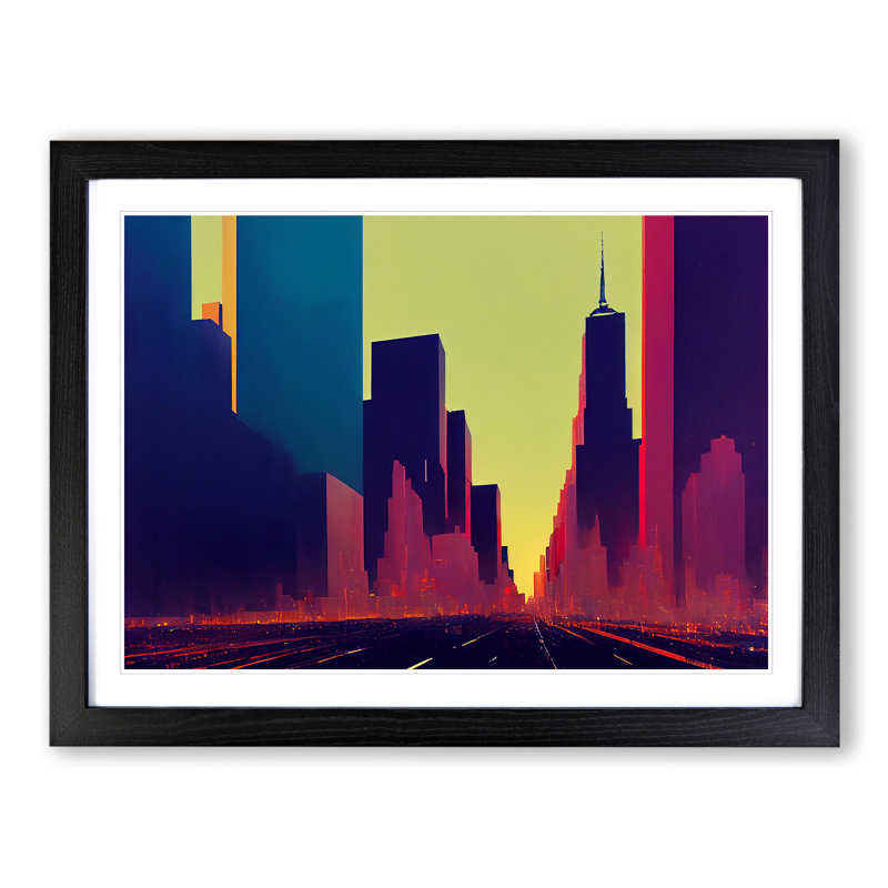 Cyberpunk New York Skyline Vol.3 - Single Picture Frame Print, Black, 46cm H x 64cm W x 2cm D