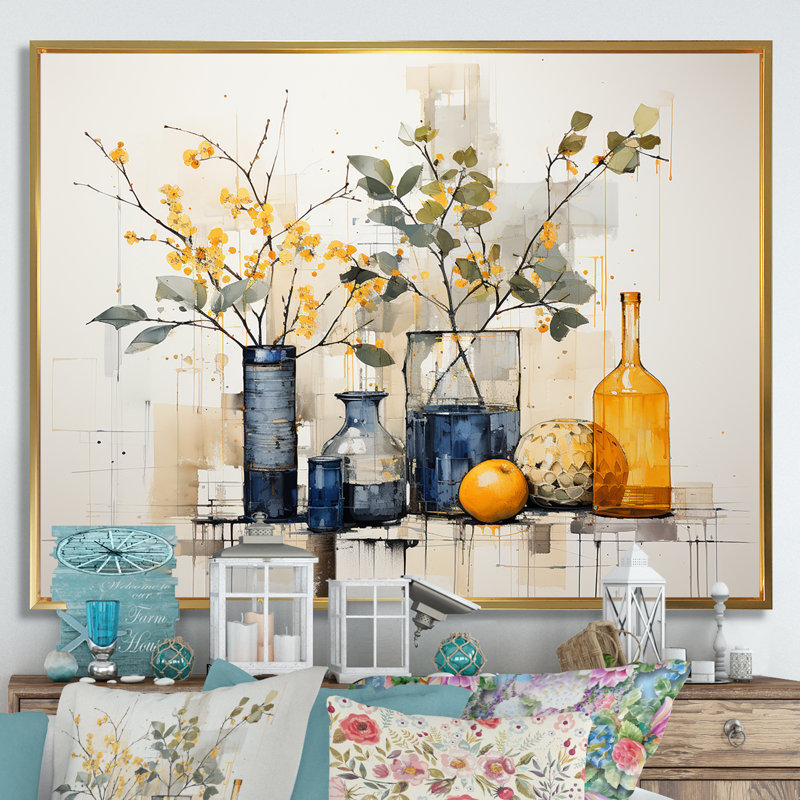Bleu et jaune agrume Boho Pottery II - Boho Pottery, art mural, Cadre flottant doré, H 12 po x l 20 po x P 1 po