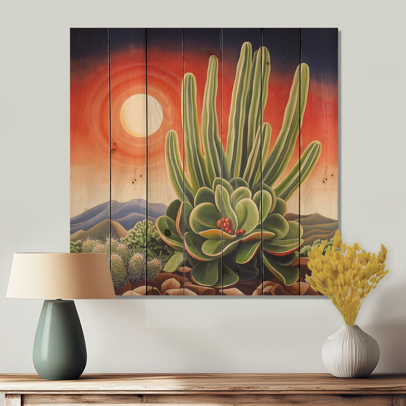 Cactus mexicain, paysage I - décoration murale traditionnelle en bois sur bois de pin naturel, H 36 po x l 36 po
