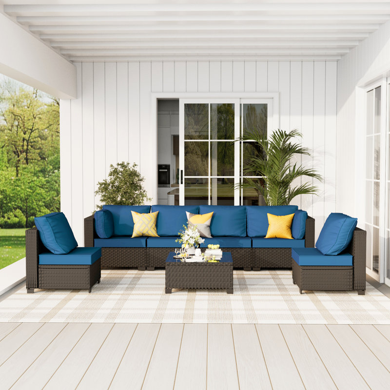 𝗡𝗼-𝗔𝘀𝘀𝗲𝗺𝗯𝗹𝘆 𝗖𝗵𝗮𝗶𝗿𝘀, Ensemble de conversation modulaire d'extérieur en osier pour 6 personnes avec conversation