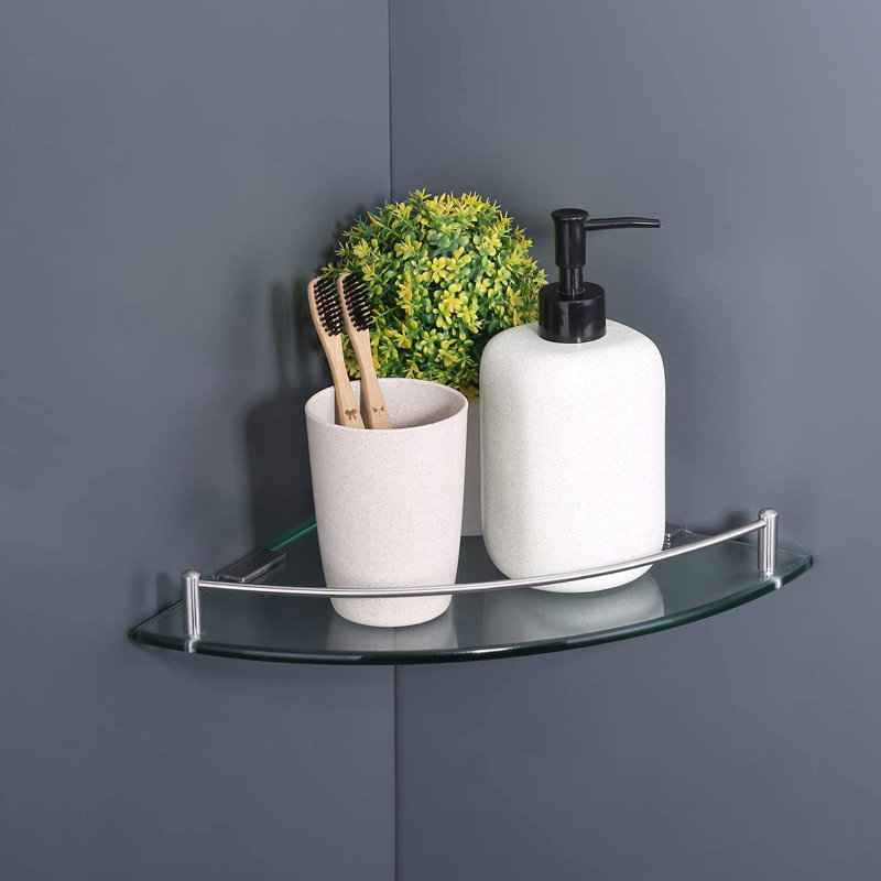  Bathroom Triangle Corner Floating Glass Corner Shelf with Stainless Steel Rail Extra Thick Shower Caddy Wall Mount, White