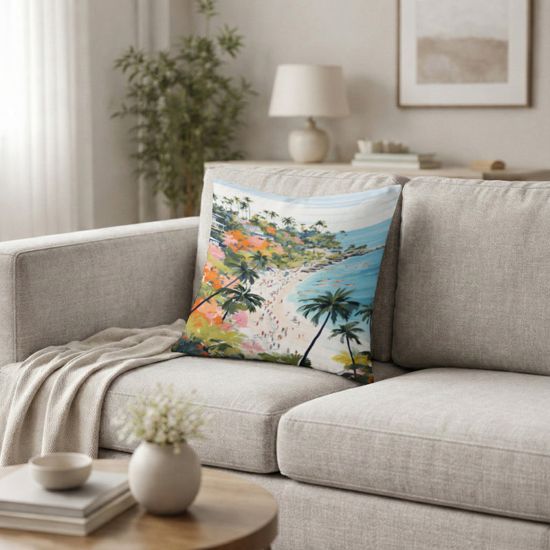 Coussin de plage côtière - Scène de plage côtière paradisiaque aux couleurs pastel III Coussin décoratif imprimé