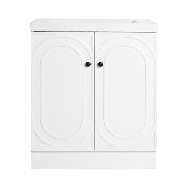 Meuble-lavabo autoportant avec lavabo en résine blanche et 2 portes d'armoire à fermeture en douceur, Blanc, Noir, 30"