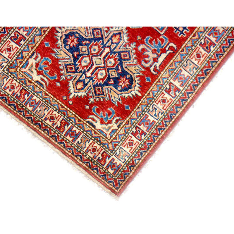Tapis de couloir unique en laine noué à la main de 2 pi 6 po x 7 pi 8 po ivoire / rouge / bleu