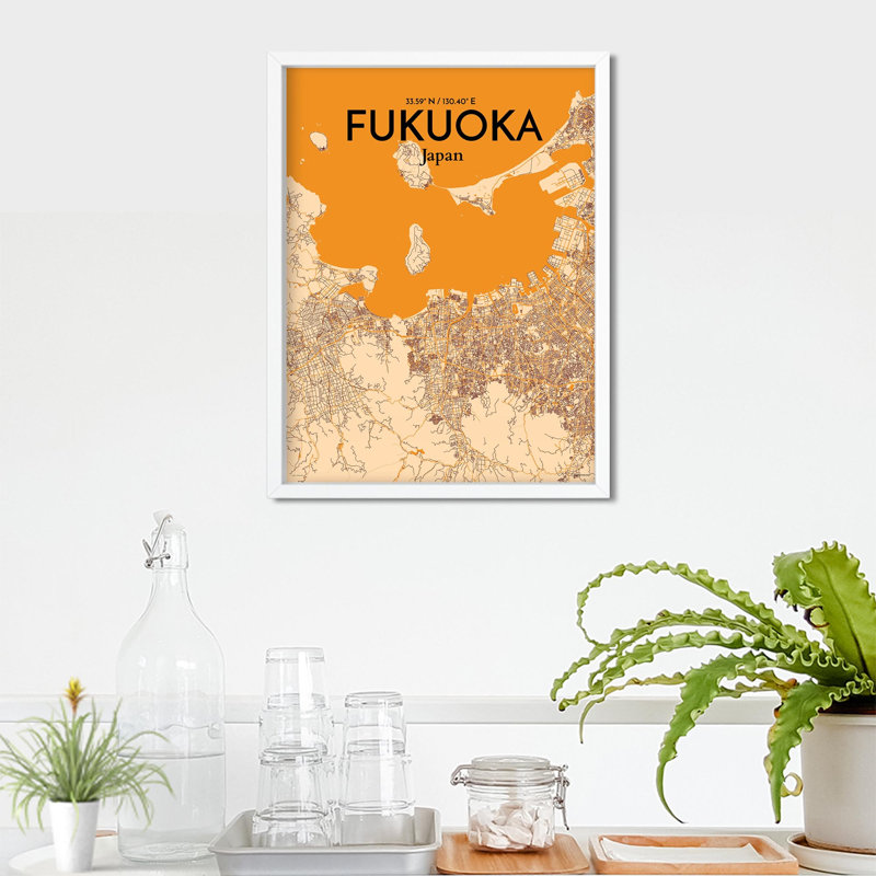 Fukuoka, carte de la ville, impression rétro, H 24 po x l 18 po, Orange / or pâle