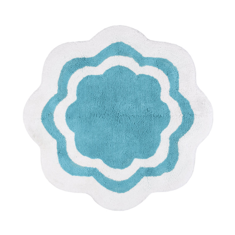 Tapis de bain 100% coton, Blanc / bleu ciel au centre