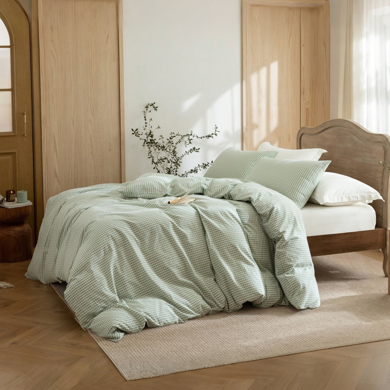 100% Washed Cotton Duvet Cover Set, Classic Check Pattern, Soft Breathable Bedding with Hidden Double Zipper and Envelope Pillowcases