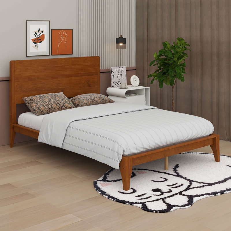 Lit Mid-Century en bambou avec tête de lit, base de lit plateforme classique en bambou, Double