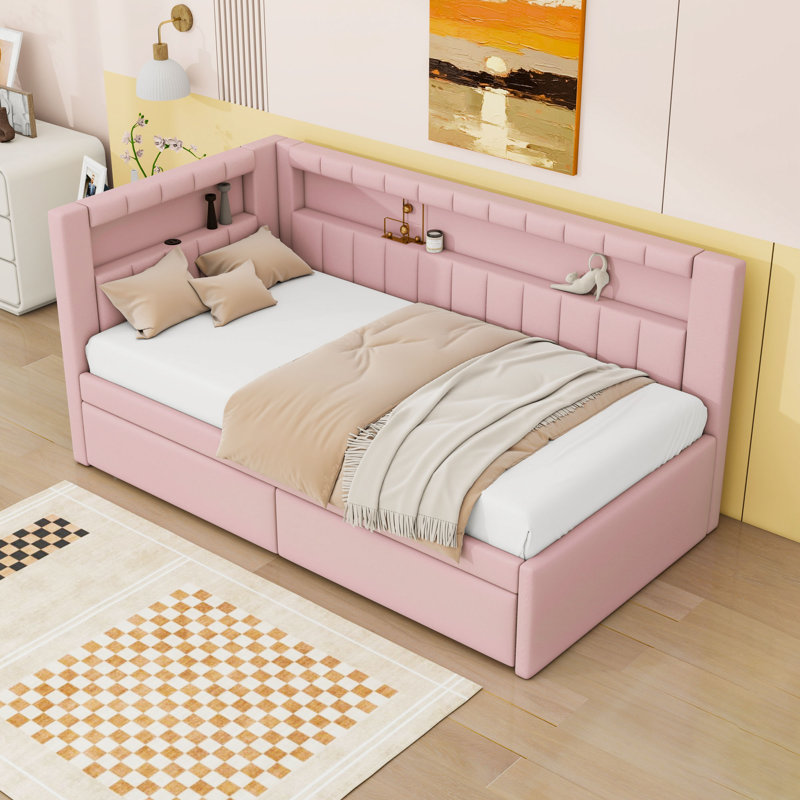 Twin Upholstered Daybed Bed with 2 Drawers, USB Ports and LED Belt, Pink