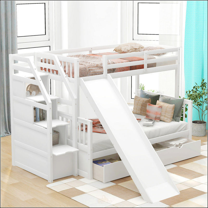 Lit simple superposé au dessus d'un lit double avec tiroirs, Blanc