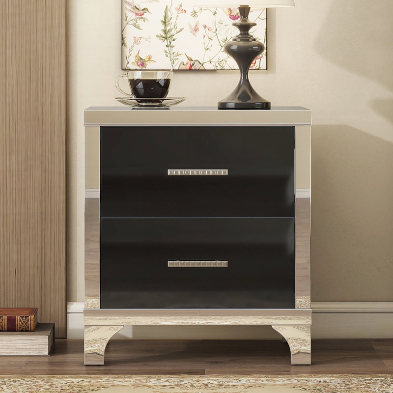 Table de chevet élégante à miroir avec 2 tiroirs, Noir