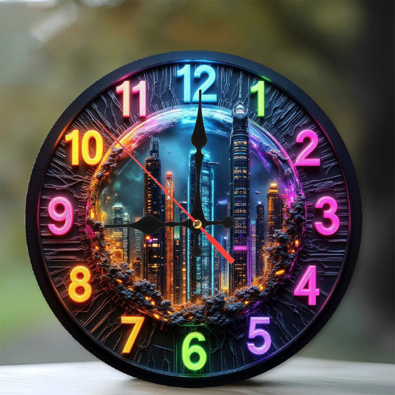Horloge murale colorée avec paysage urbain