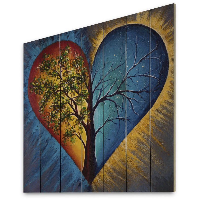 Cœur d'arbre en bleu et orange - Décoration murale moderne en bois - Bois de pin naturel, H 30 po x l 30 po x P 1 po