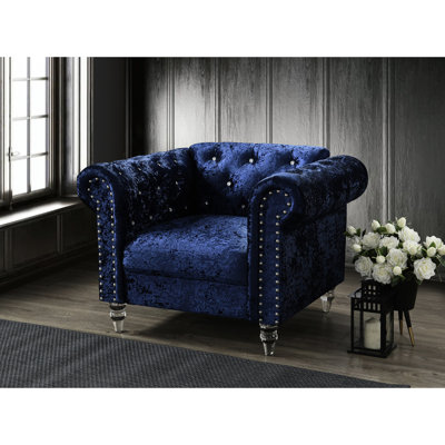 Fauteuil nautique en velours bleu, pour espace de vie principal, style transitionnel, espace à oreilles en mousse et en fibre, tissu et rembourrage