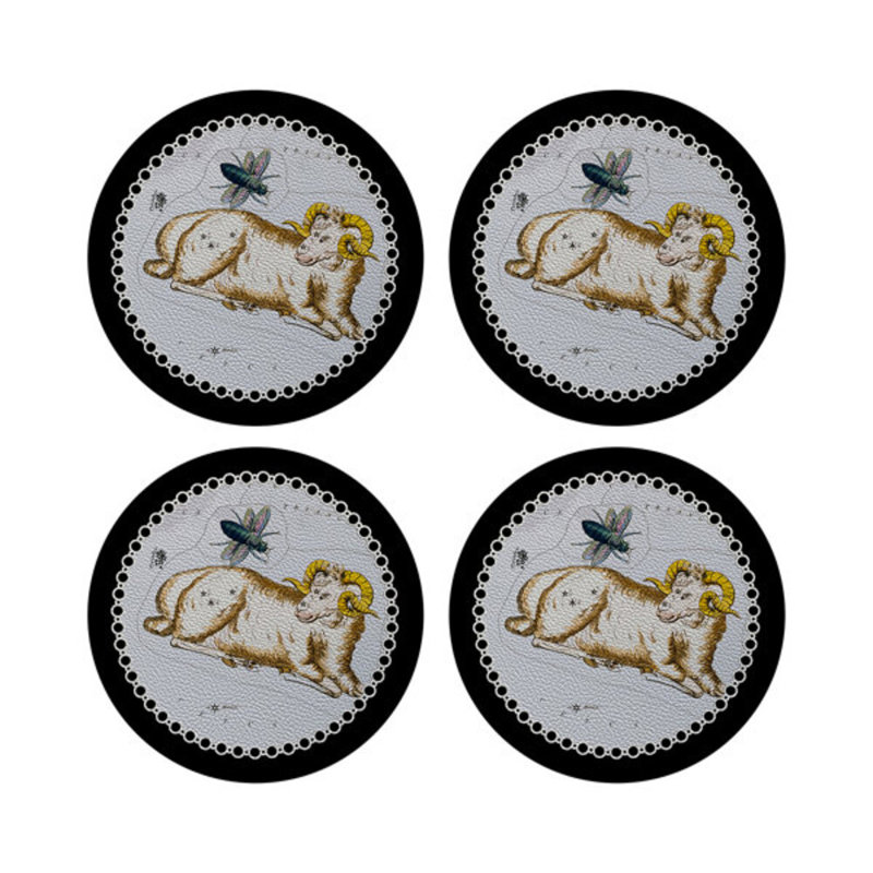 Zodiac Aries Vegan Leather Round Pebble Placemat, Black
