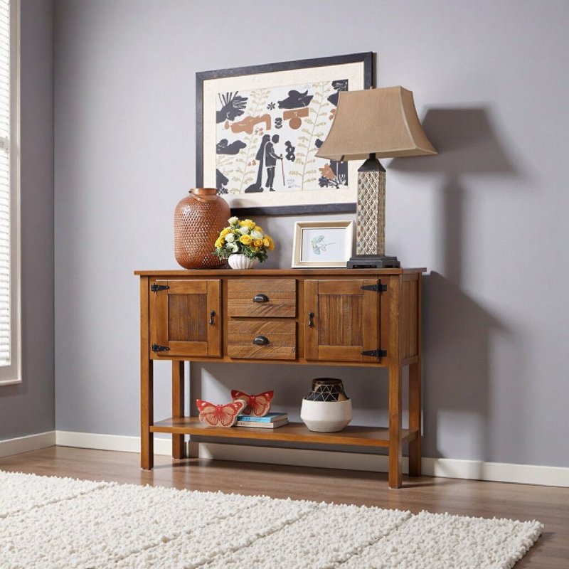 Routenberg Wood Storage Console Table with  2 Drawers and Cabinets and Bottom Shelf, Brown