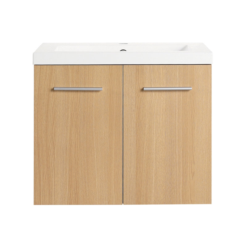 Meuble-lavabo flottant 24 po avec lavabo, armoire en contreplaqué de chêne clair, rangement à double porte mural, avec comptoir en résine (ensemble de 2 pièces)