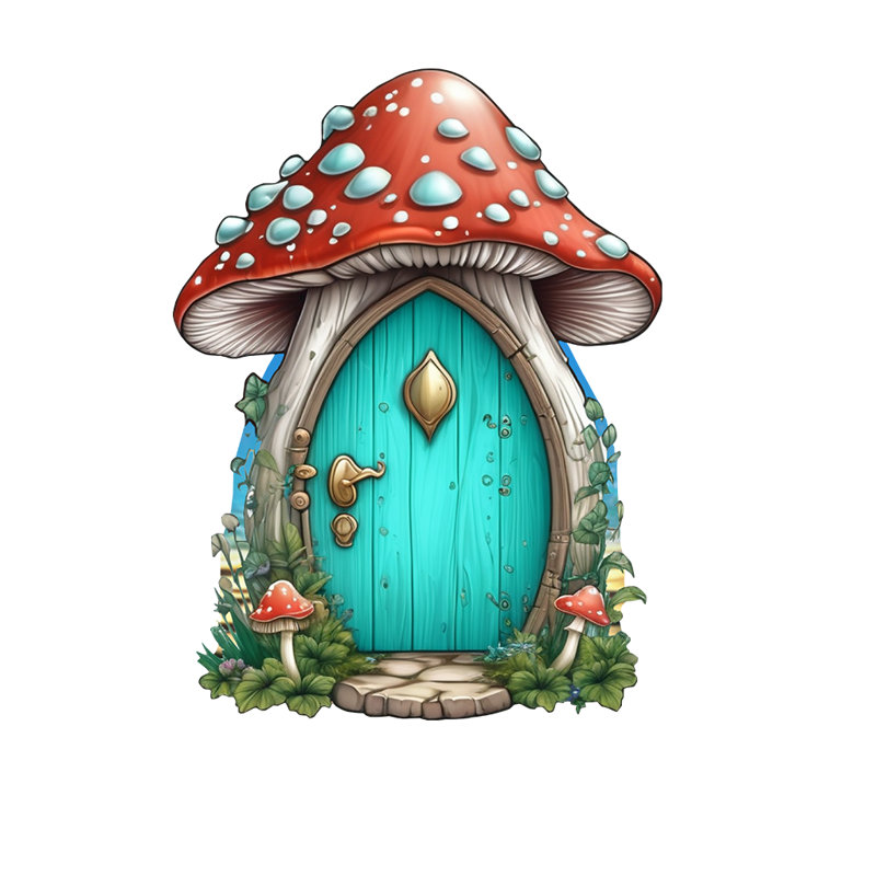 Adhésif décoratif fée turquoise champignon maison - porte de fée enchanteresse, H 30,40 po x l 27,50 po
