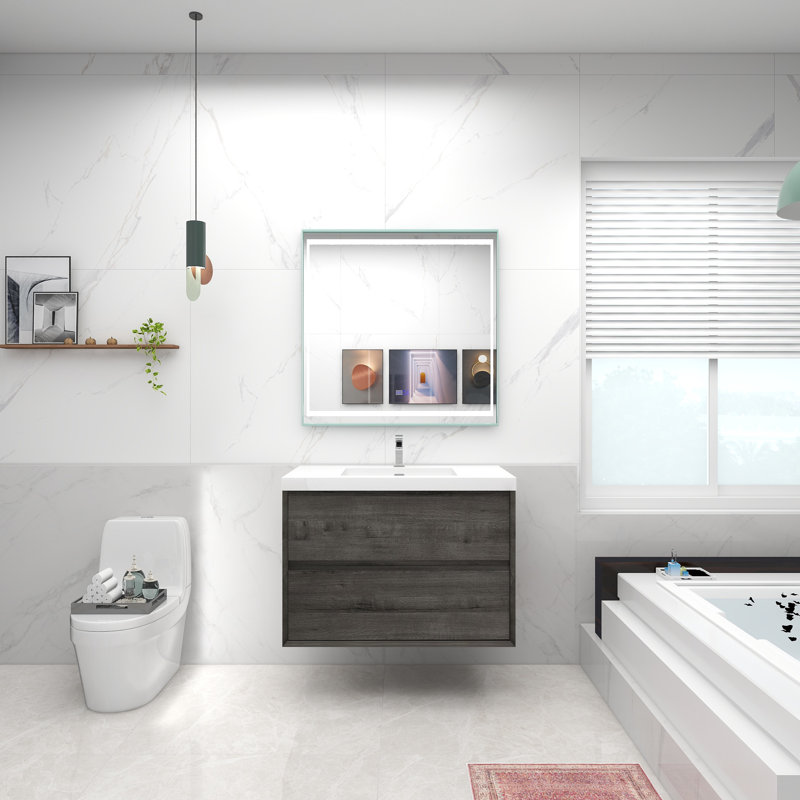 Attallah 35.4'' Single Bathroom Vanity with Acrylic Top, Smoke Oak