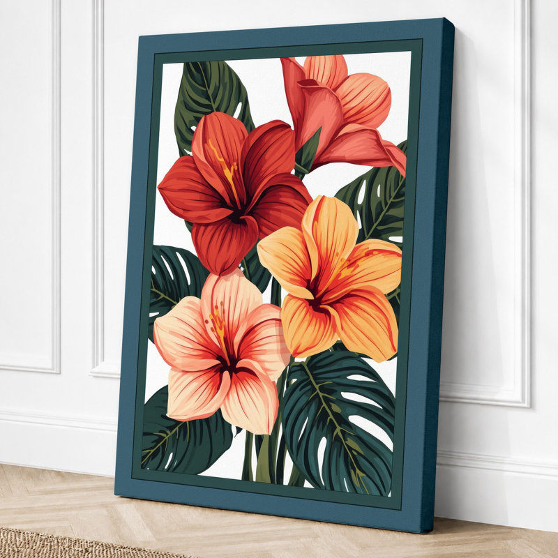 Hibiscus Cluster Botanical - Wrapped Canvas, 36x24 - 91.4 x 61.0 cm, Teal Border
