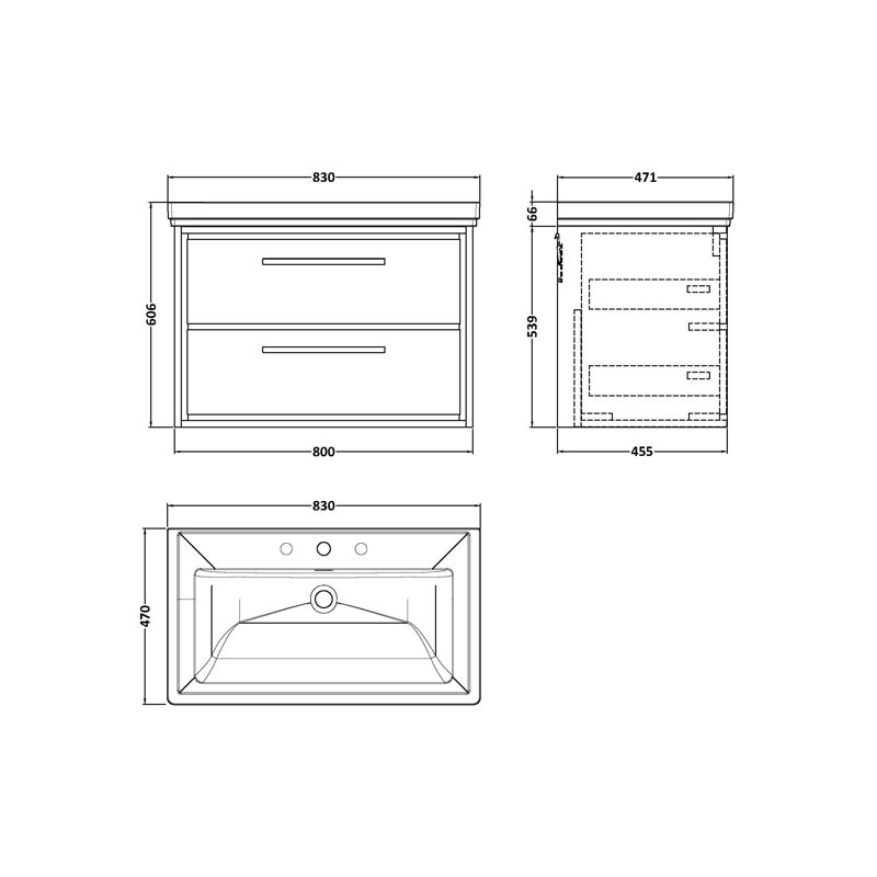 Hudson Reed Lille 600mm Fern Green 2 Drawer  Wall Hung Vanity Unit With 3 Tap Holes Fireclay Basin, Fern Green, 83cm W