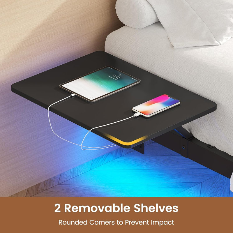 Floating Bed Frame with LED Lights and Charging Station Bed Frame with Storage Shelves Metal Platform Bed Frame,Under-bed Storage/Noise Free