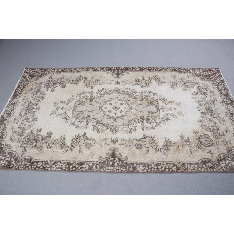 Tapis turc beige Oushak au design rétro idéal pour les salons en laine douce lavable