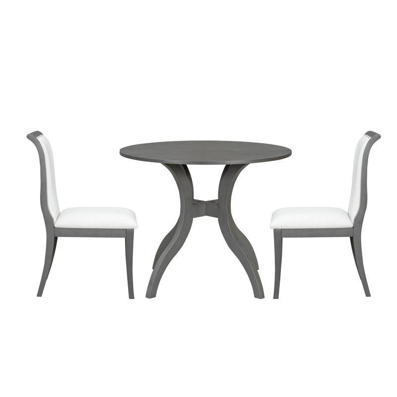 Table de salle à manger ronde de 39,4 po en chêne gris, placage de cuisine en bois de noyer américain massif, boiseries incrustées, chaises à pieds courbées, mousse à haute densité, structure séchée au four, idéale pour les espaces formels avec 2 solutions,