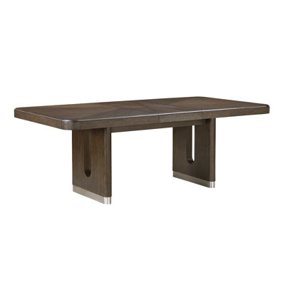 Modern Rectangular Dining Table with Extension Leaf, Wire Brushed Brown Wood Finish, Metallic Accent Base, Seats 6