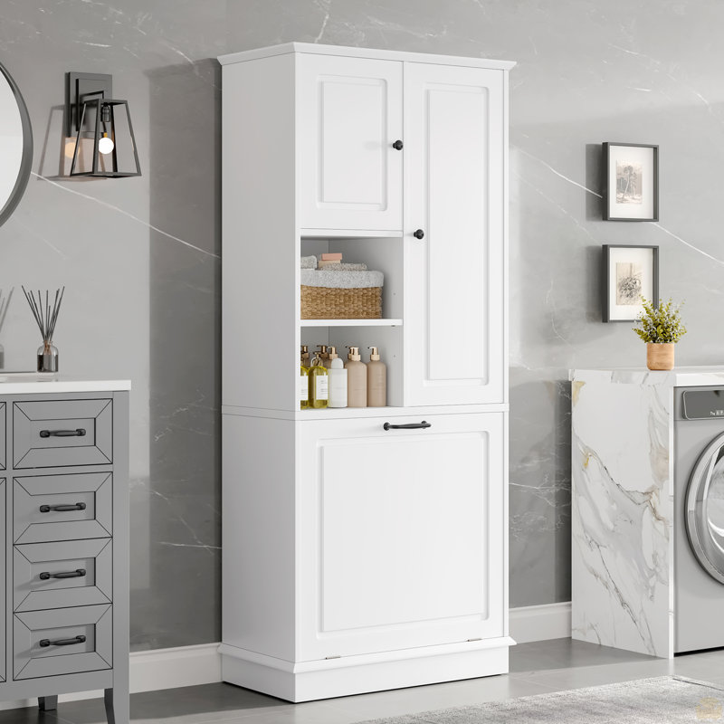 Tall Storage Cabinet with Adjustable Shelves, Large Flip-Out Basket & Enclosed Cabinets, White