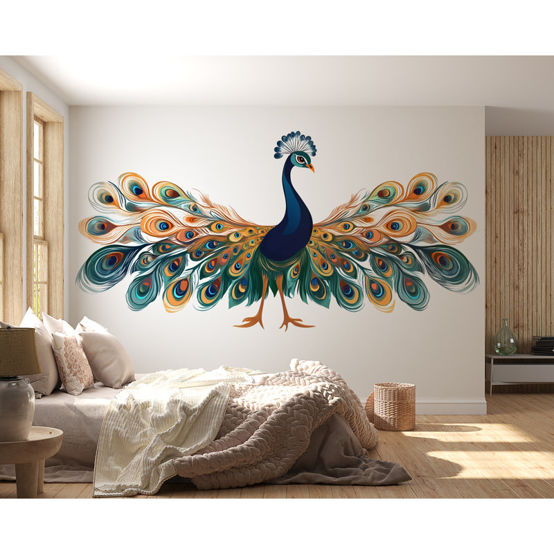 Adhésif décoratif paon, oiseau coloré, art mural boho, grand autocollant mural, vinyle, 13x24 inches