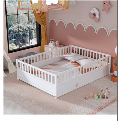 Montessori Wooden Full Size Floor Bed With High Security Barrier And Door, Grey, For Children's Safety And Independence