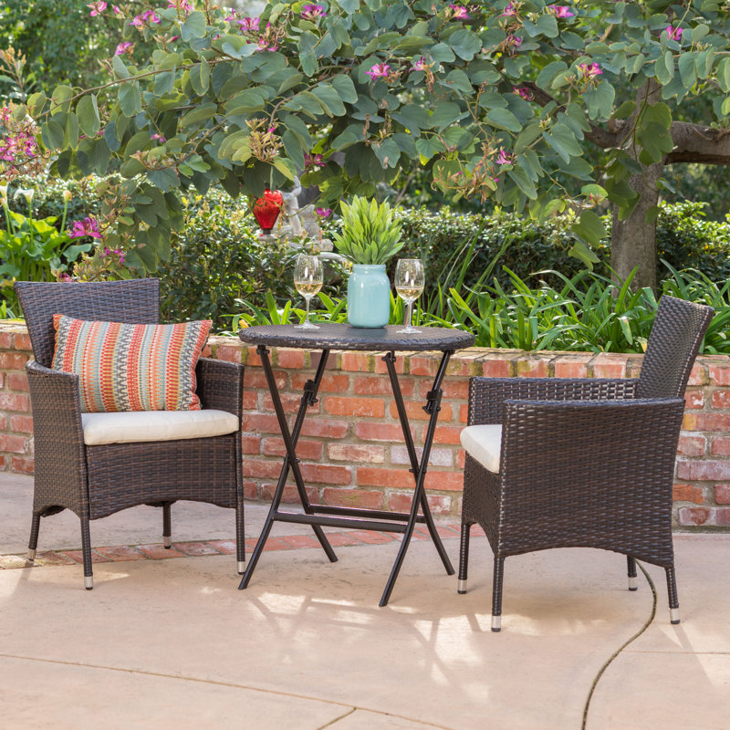 Ensemble bistro 3 pièces pour l'extérieur avec chaises en osier et table pliante, ensemble de conversation pour patio avec coussins, brun