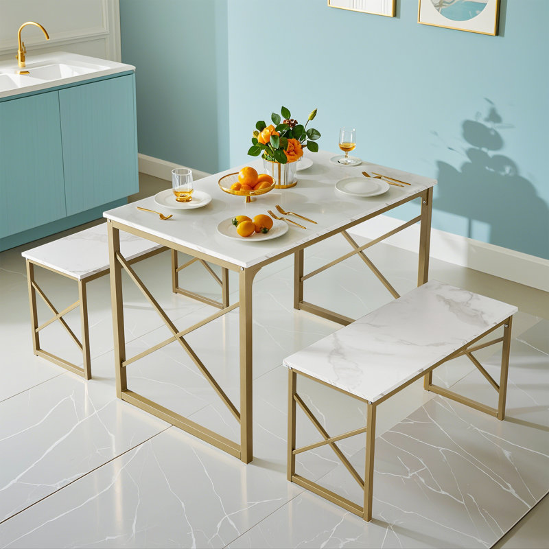 Ensemble de table de salle à manger Aithan 3 pièces 43,3 pouces avec bancs, ensemble de table de cuisine rustique pour petits espaces, ensemble de salle à manger de style campagne moderne avec banc pour cuisine et salle à manger