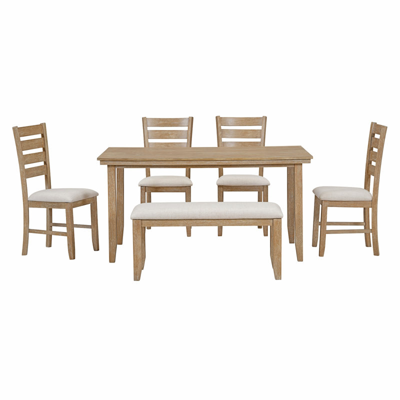Table et chaises de salle à manger avec banc, ensemble de salle à manger en bois rustique, ensemble de 6, Beige, Naturel