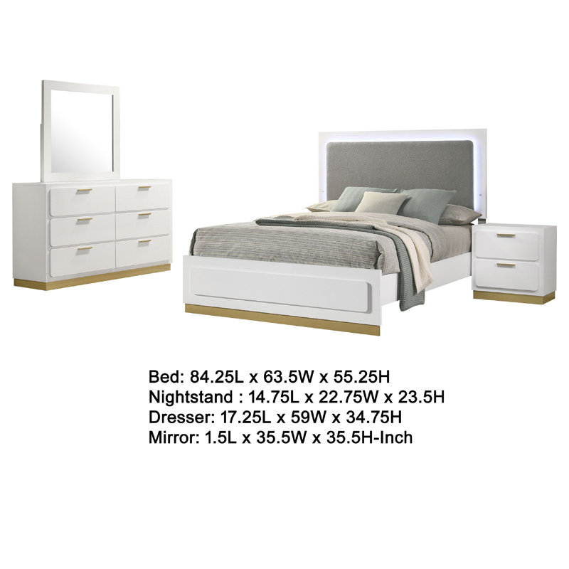 Ensemble de chambre à coucher 4 pièces Caer, Queen, Blanc / or / gris clair