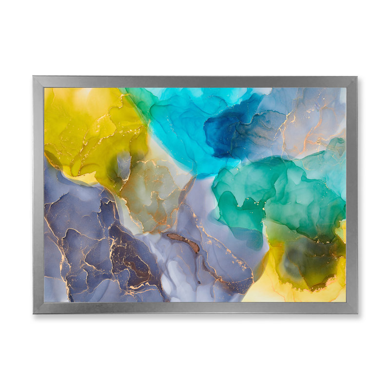 Turquoise et jaune luxe abstrait fluide - peinture sur toile, H 34 po x l 44 po x P 1,5 po, Cadre photo argenté