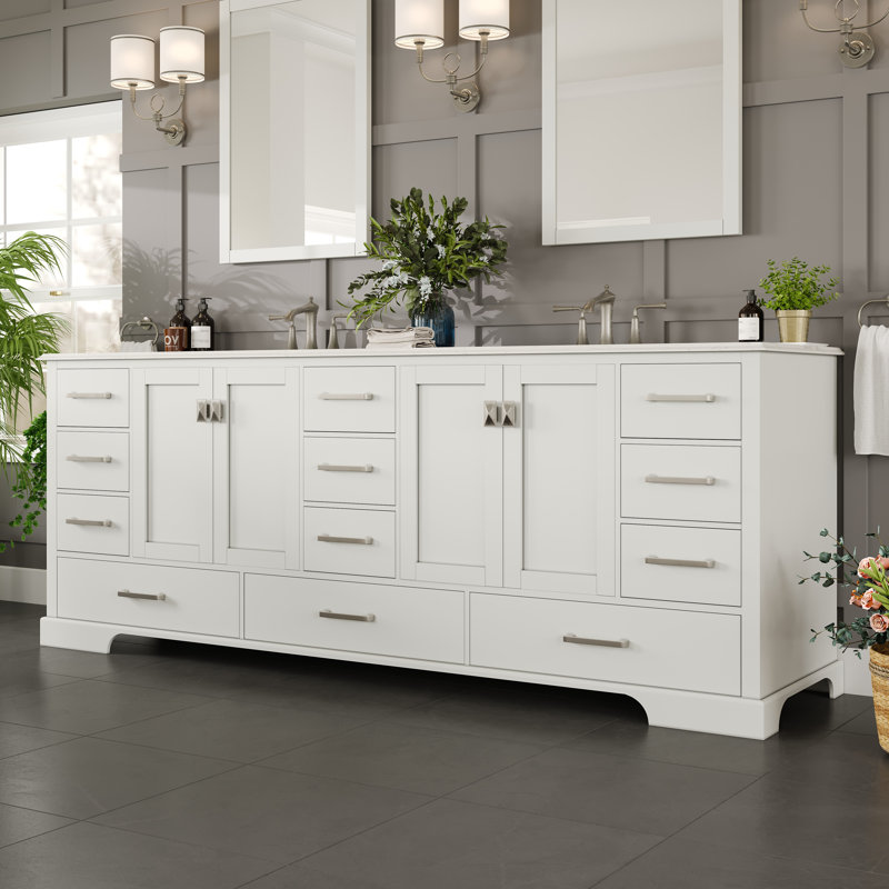 Detwiler 84"W x 22"D Double Sink Bathroom Vanity with Undermount Porcelain Sink, White, Quartz - White Carrara