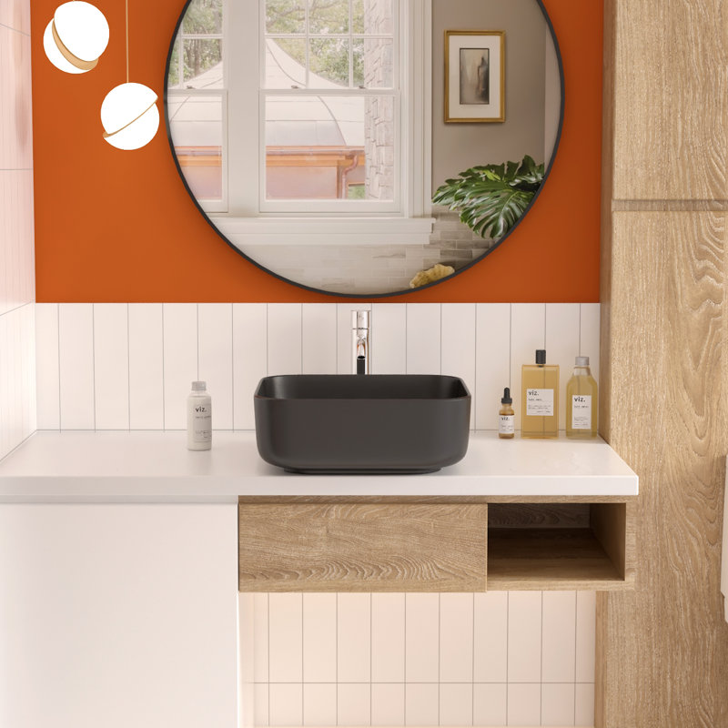 Lavabo de salle de bain vasque carré en céramique 15 po DeerValley Ace, Noir mat
