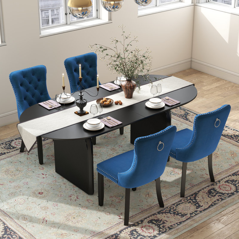 Ensemble de salle à manger Mid-Century, Noir, 5 pièces: table, 4 chaises, Bleu