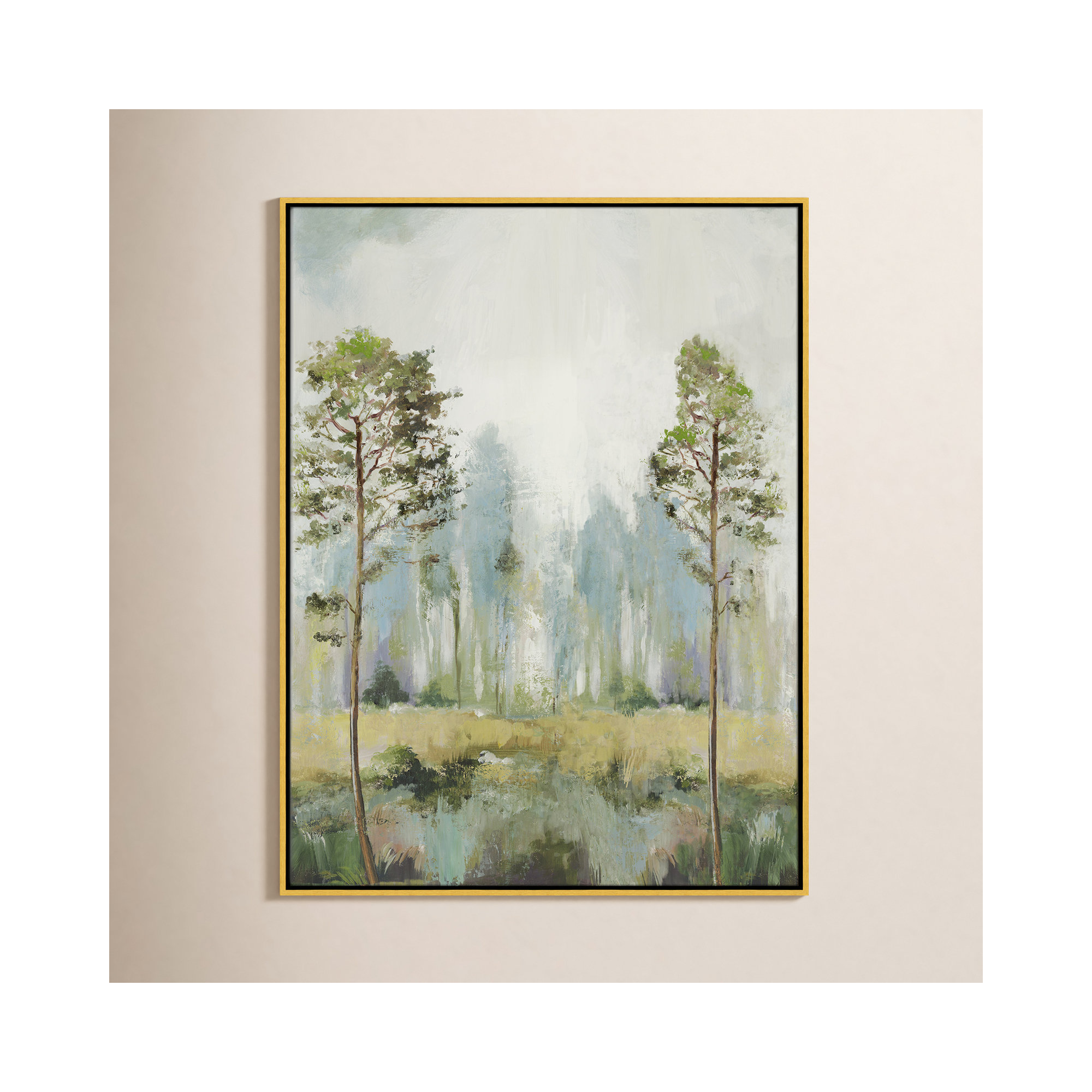Tall Green Trees II by Teton Pearce - Floater Frame Print on Canvas, 41.5" H x 31.5" W, Gold