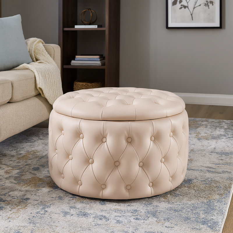 Fully Assembled Round Storage Ottoman with Deep Diamond Tufting and Hidden Storage, Beige PU Faux Leather