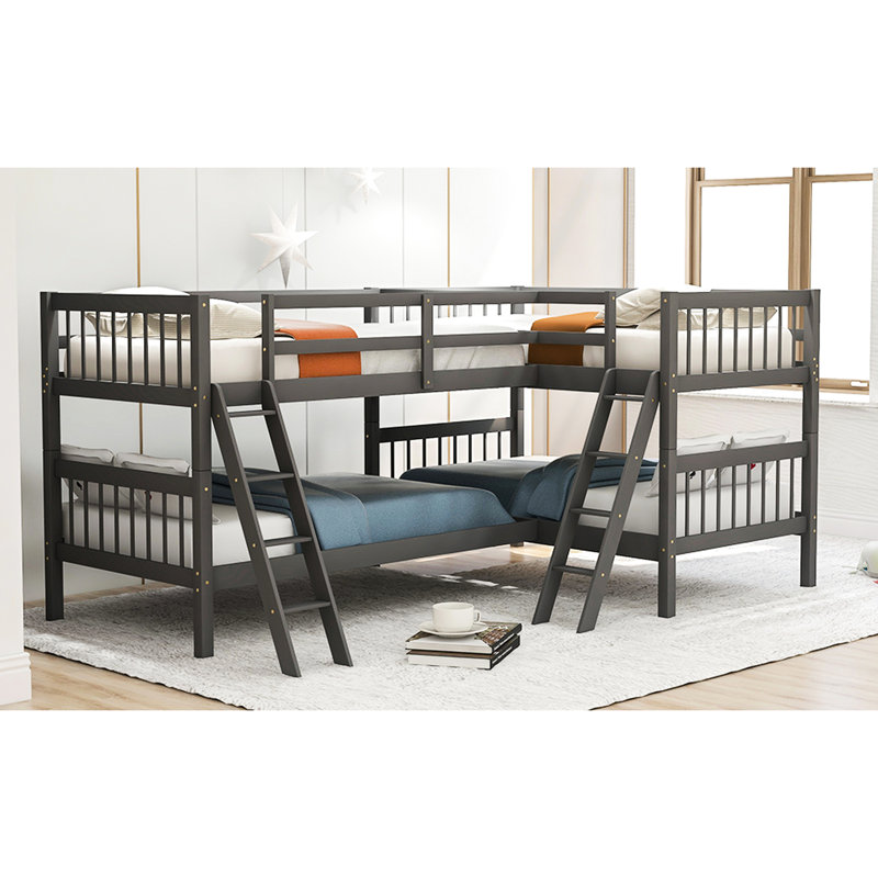 Lit superposé simple en forme de L gris avec. Fabrication en bois massif robuste Polyvalent et pratique. Idéal pour les soirées pyjama à la maison. Pas de boîte à ressorts. Tête de lit sécuritaire. 76 po x 39 po. Capacité de 175 lb / 275 lb Assemblage