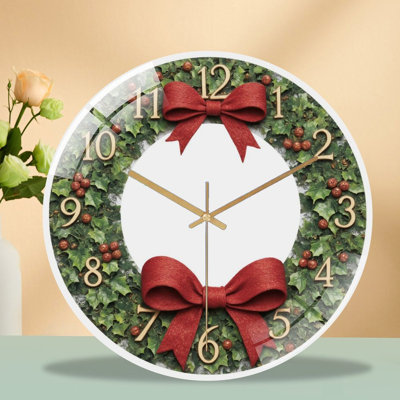 Holiday-Wreath-Clock-With-Red-Bows Art - 12'' Modern Glass Wall Clock