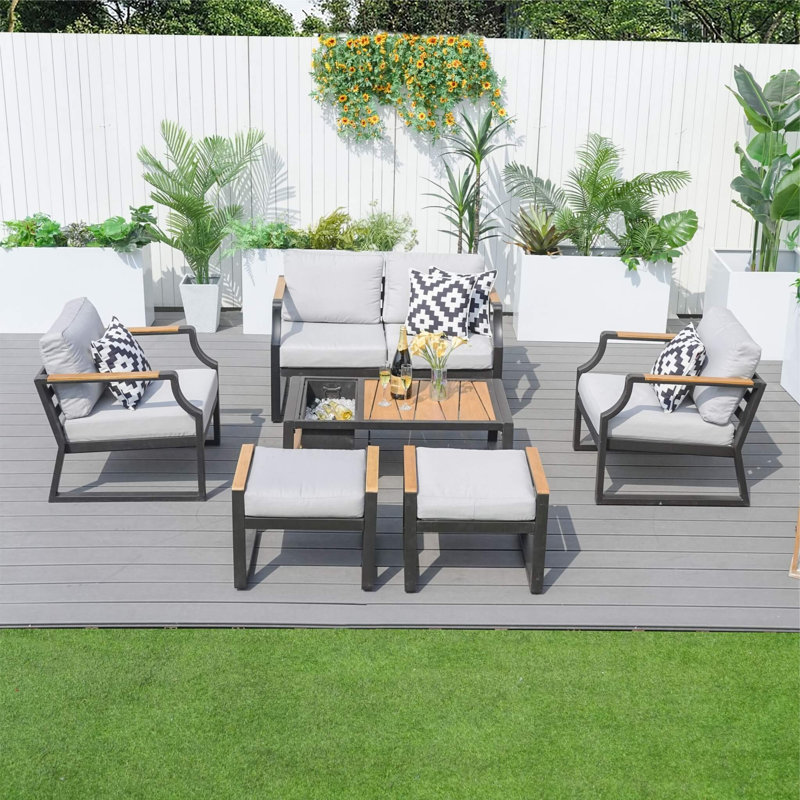 6-Piece Patio Conversation Set With Loveseat, 2 Single Sofas, Footrests & Coffee Table With Ice Bucket In Black