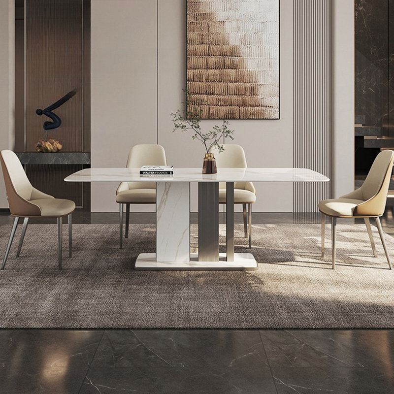 Modern Rectangular White Rock Slab Dining Table,  29.50"H x 70.8"L x 31.5"W