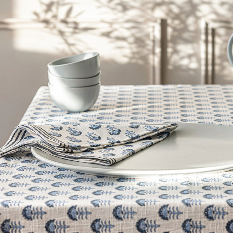 Hand-Screened Blue Flower Cotton Rectangular Tablecloth 70x90