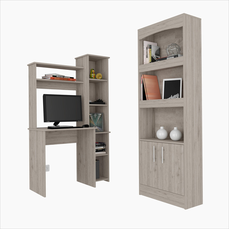 Ensemble de bureau 2 pièces avec bibliothèque et bureau gris clair