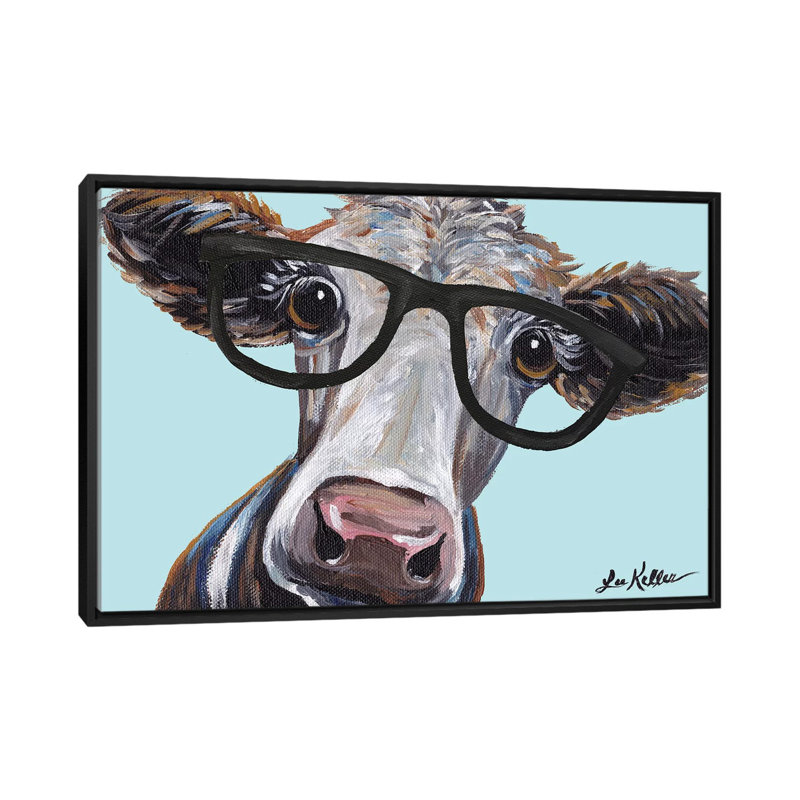 «Cora the Cow with Glasses», impression sur toile, H 32 po x l 48 po x P 1,5 po, Toile avec cadre photo, Noir